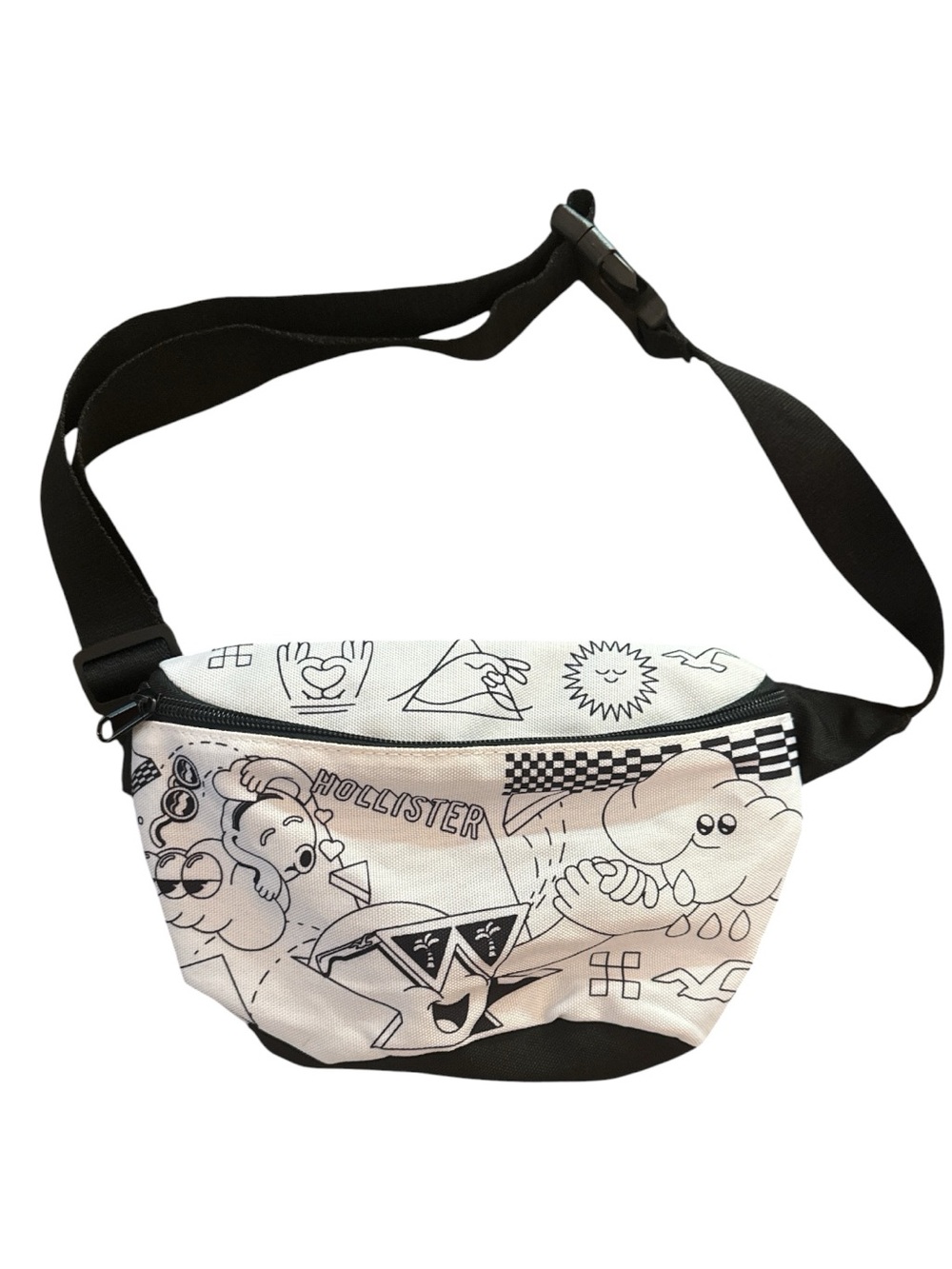 Hollister Black & White Cartoon Graphic Waist Fanny Pack Summer Belt Bag NWOT